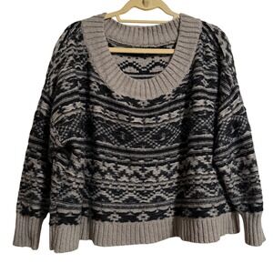 Trouve Womens Grey Black Geometric Fair Isle Scoop Neck Knit Sweater Size M